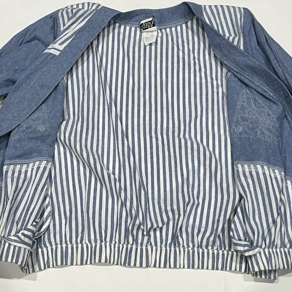 Vintage 80s Blue White Striped Cotton Pearl Button Oversized Jacket Women Medium - Picture 11 of 16